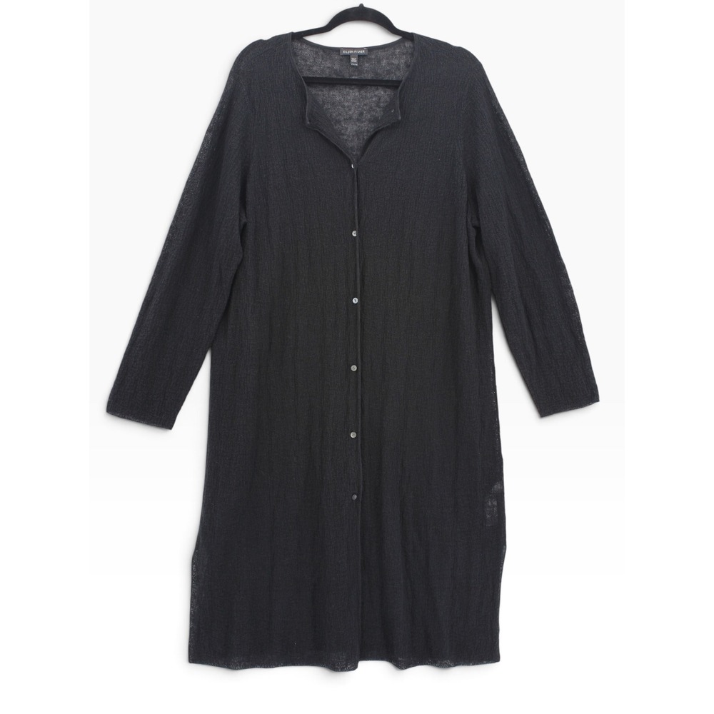 Eileen Fisher Long Cardigan XL Organic Linen Button Front Sweater Black